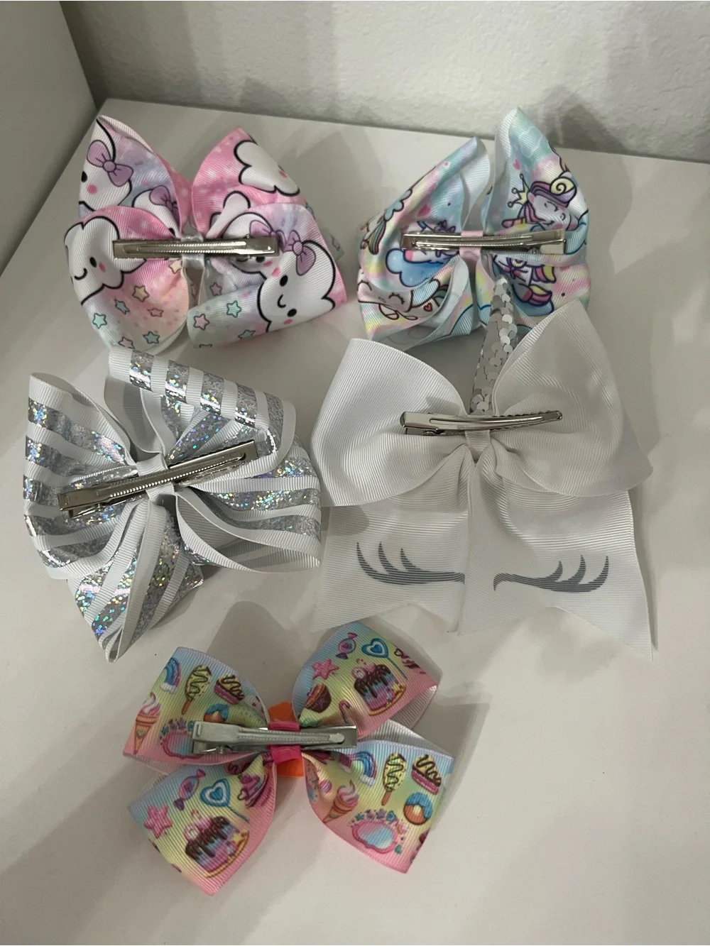 Assorted Kids Unicorn & Glitter Hair Bows - White, Silver, Pastel